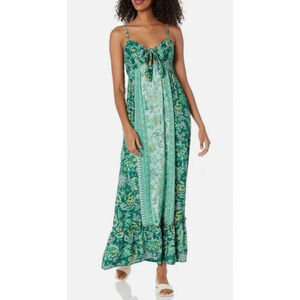 Angie Green Floral Maxi Dress 2X Spaghetti Strap Mixed Media Smocked Boho Beachy